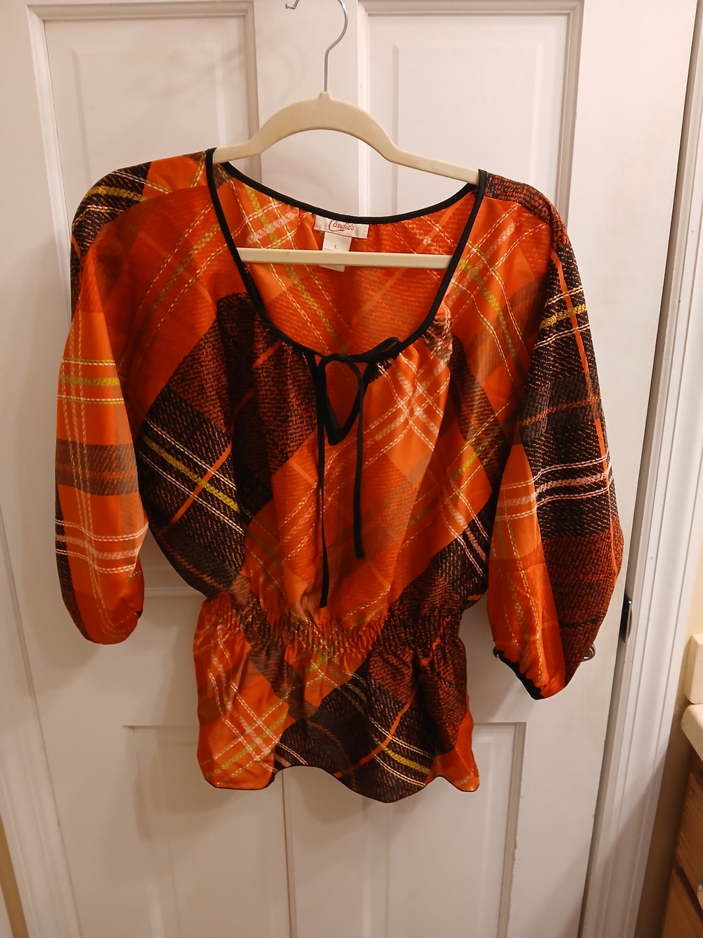 Women’s Red Plaid Peasant Top with Tie Neck